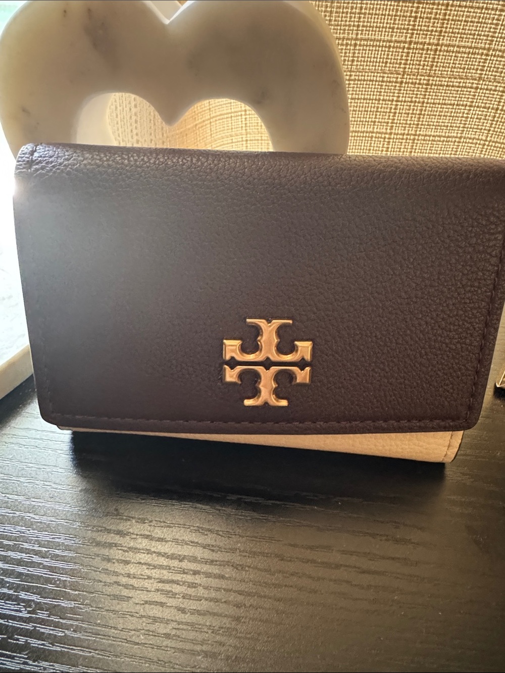 Tory Burch Two-Tone Pebbled Leather Flap Crossbody in Dark Brown and Beige